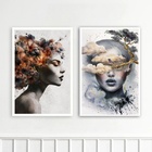 Kit 2 Quadros Rosto De Mulher Com Flores 45x34cm Moldura Bran