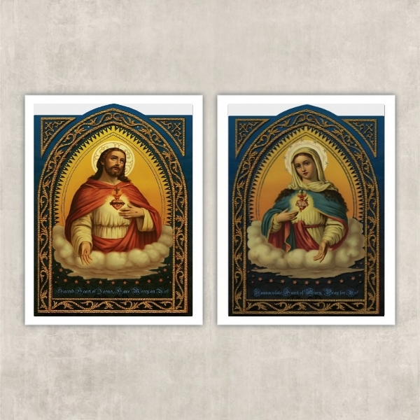 Kit 2 Quadros Sacros Coração De Jesus E Maria 24x18cm - Com V