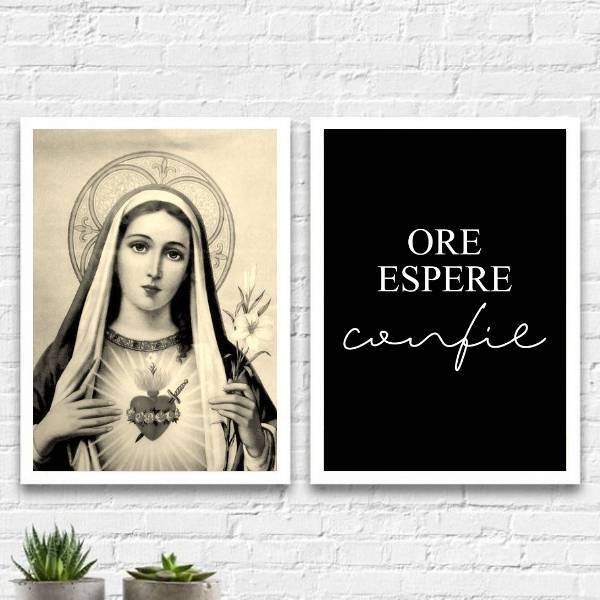 Kit 2 Quadros Sagrado Coração De Maria 24x18cm Moldura:madeir