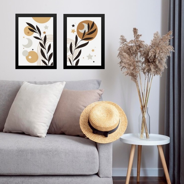 Kit 2 Quadros Sala Boho - Folha Lua Estrela 33x24cm - Com Vid