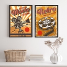 Kit 2 Quadros Sala De Cinema Retrô 24x18cm Moldura:madeira Pr