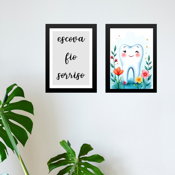 Kit 2 Quadros Sala Espera Dentista Infantil 45x34cm Moldura B