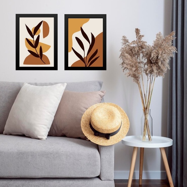 Kit 2 Quadros Sala Gravuras Folhas Boho 33x24cm - Com Vidro M