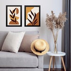 Kit 2 Quadros Sala Gravuras Folhas Boho 45x34cm - Com Vidro M