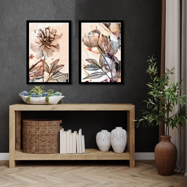 Kit 2 Quadros Sala Quarto Flores Rosadas 24x18cm Moldura:made
