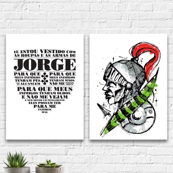 Kit 2 Quadros São Jorge Espada Oração 45x34cm Moldura:madeira