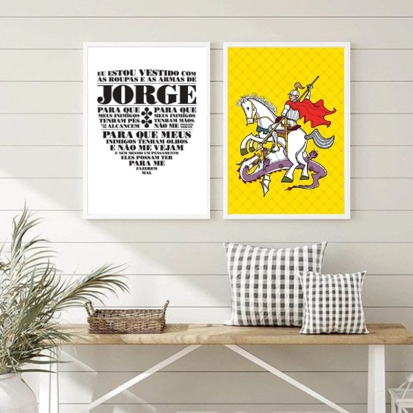 Kit 2 Quadros São Jorge Oração Fundo amarelo 45x34cm Moldura: