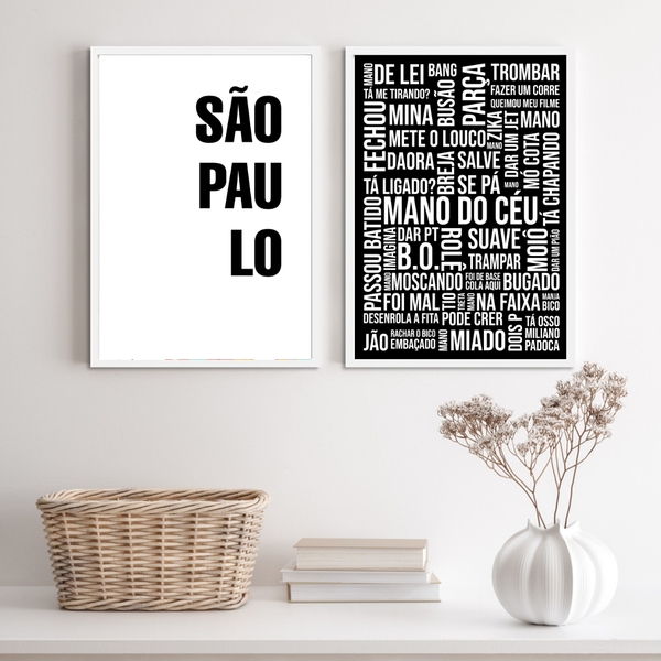 Kit 2 Quadros São Paulo Gírias Preto e branco 45x34cm Moldura