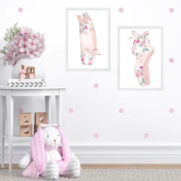 Kit 2 Quadros Sapatilha De Balé Floral 45x34cm - Com Vidro Mo