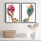 Kit 2 Quadros Sapatos De Salto Com Flores 24x18cm Moldura:mad
