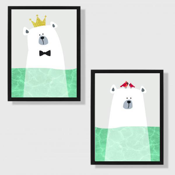 Kit 2 Quadros Sea Bear 24x18cm - Com Vidro Moldura:madeira Pr