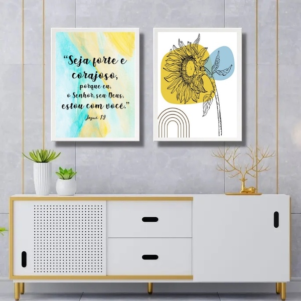 Kit 2 Quadros Seja Forte E Corajoso - Girassol 33x24cm Moldur