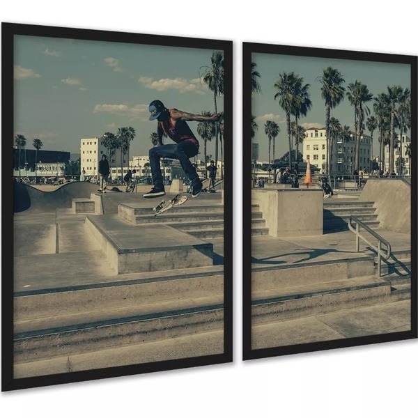 Kit 2 Quadros Skate Skatista Flip Manobra 45x34cm - Com Vidro