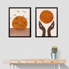 Kit 2 Quadros Sol Boho - Pássaros 33x24cm - Com Vidro Moldura