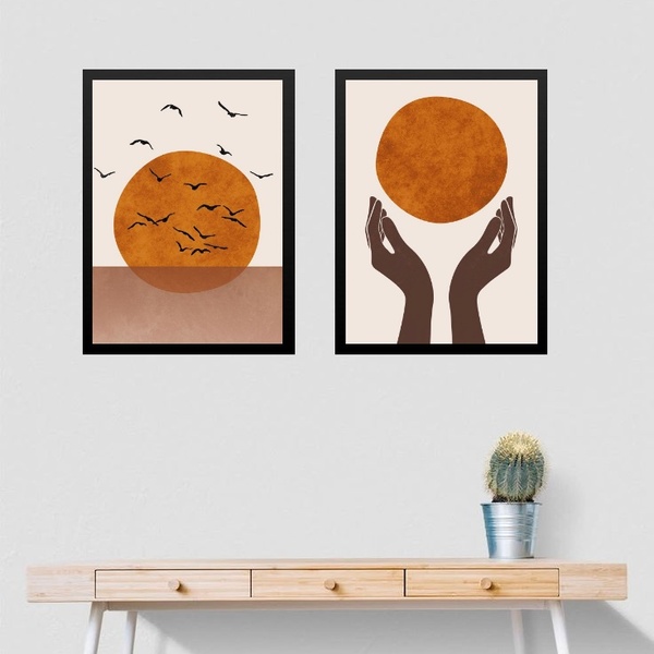 Kit 2 Quadros Sol Boho - Pássaros 33x24cm - Com Vidro Moldura