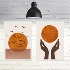 Kit 2 Quadros Sol Boho - Pássaros 33x24cm - Com Vidro Moldura