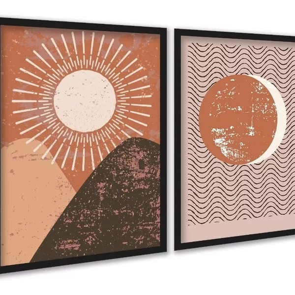 Kit 2 Quadros Sol Lua Vintage Boho 33x24cm Moldura Preta