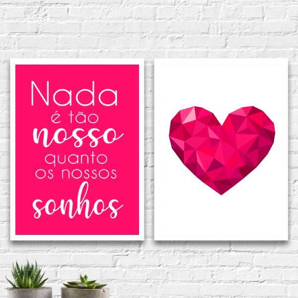 Kit 2 Quadros Sonhos Coração Geométrico Pink 24x18cm - Com Vi