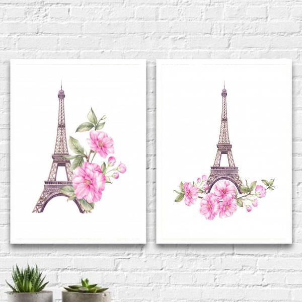 Kit 2 Quadros Torre Eiffel Floral 24x18cm - Com Vidro Moldura