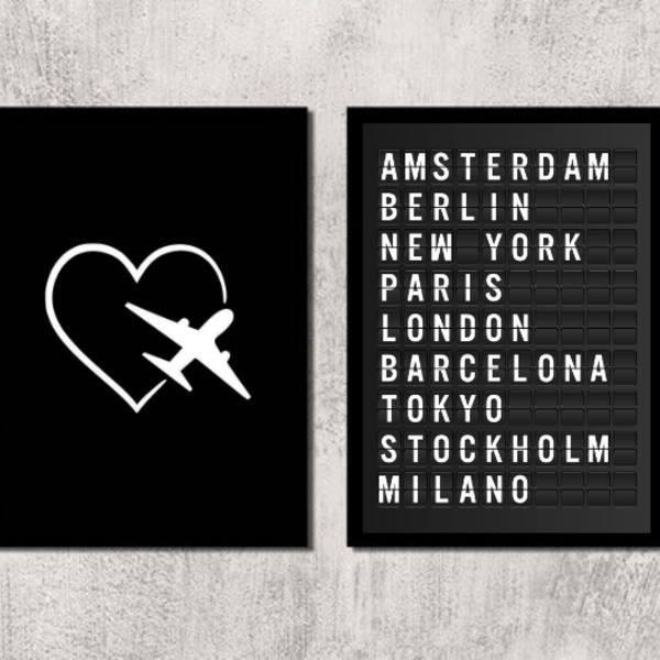 Kit 2 Quadros Travel Placa De Aeroporto 33x24cm Moldura:madei