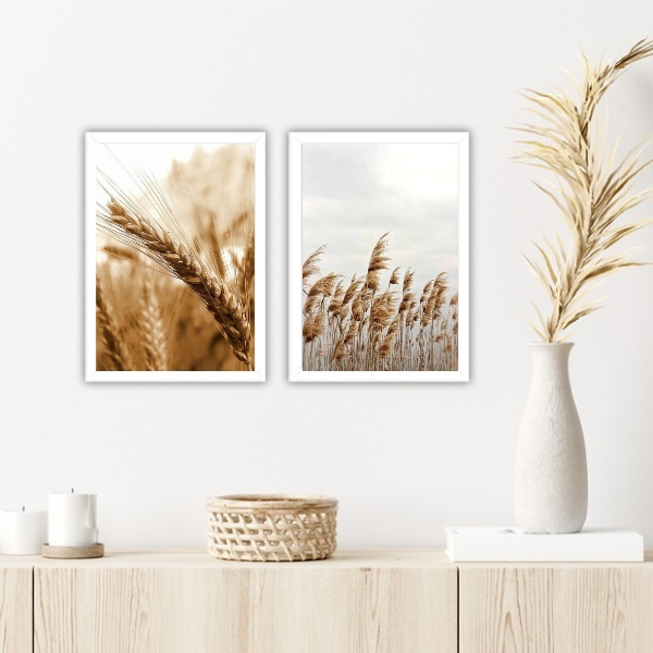 Kit 2 Quadros Trigo E Capim Dos Pampas 33x24cm - Com Vidro Mo