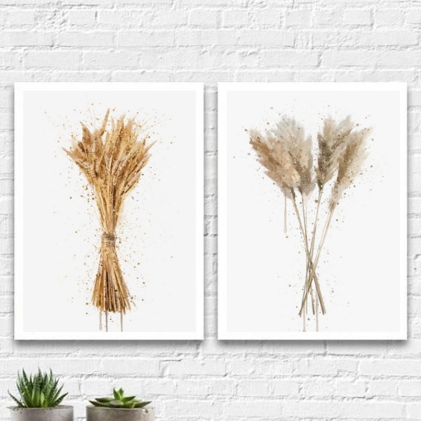 Kit 2 Quadros Trigo E Pampas Aquarela 33x24cm - Com Vidro Mol