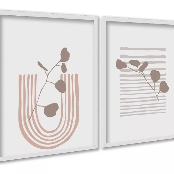 Kit 2 Quadros Ultra Minimalistas Neutros Boho 24x18cm - Com V