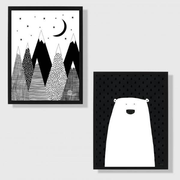 Kit 2 Quadros Urso Escandinavo 45x34cm - Moldura Branca
