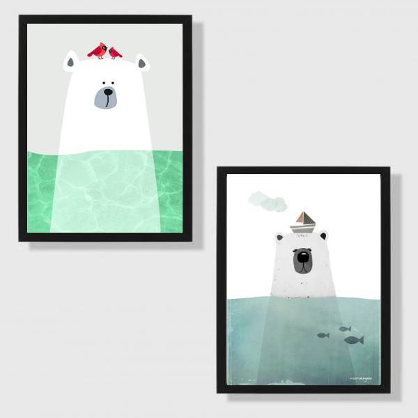 Kit 2 Quadros Ursos Do Mar 45x34cm - Com Vidro Moldura:madeir