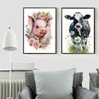 Kit 2 Quadros Vaquinha E Porquinho Floral 45x34cm - Com Vidro