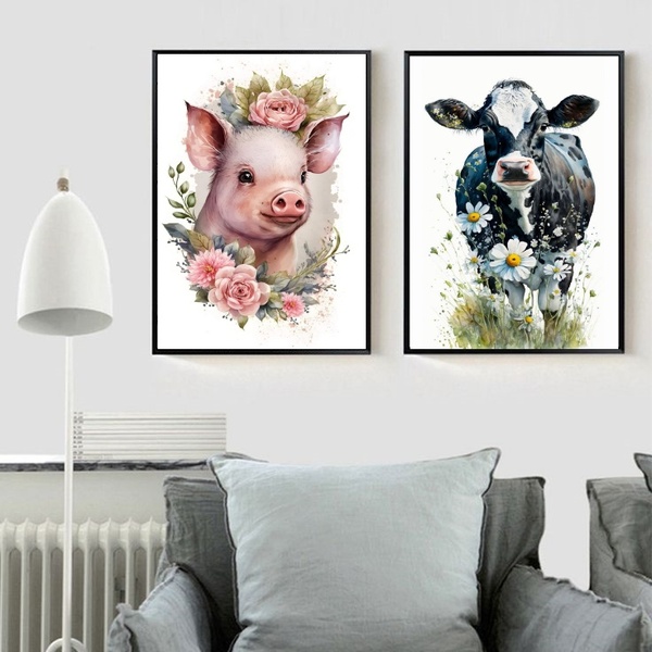 Kit 2 Quadros Vaquinha E Porquinho Floral 45x34cm - Com Vidro