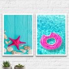 Kit 2 Quadros Verão Azul E Rosa 33x24cm Moldura:madeira Preta