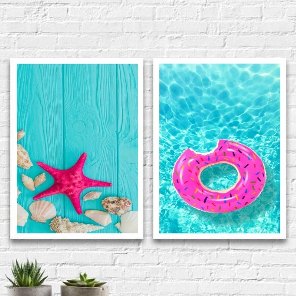 Kit 2 Quadros Verão Azul E Rosa 45x34cm Moldura:madeira Preta