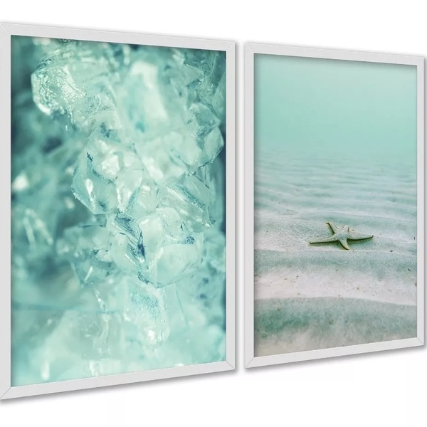 Kit 2 Quadros Verde Água Cristal Estrela Do Mar 33x24cm Moldu