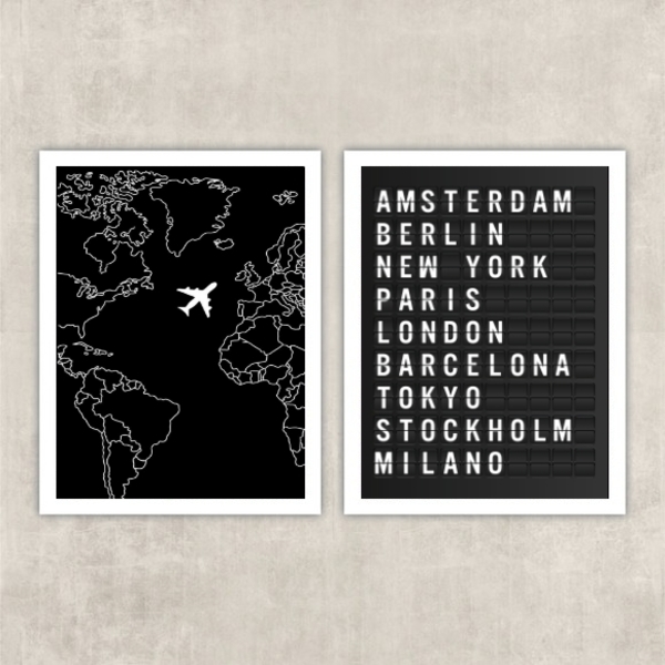 Kit 2 Quadros Viagem Placa De Aeroporto 24x18cm - Com Vidro M