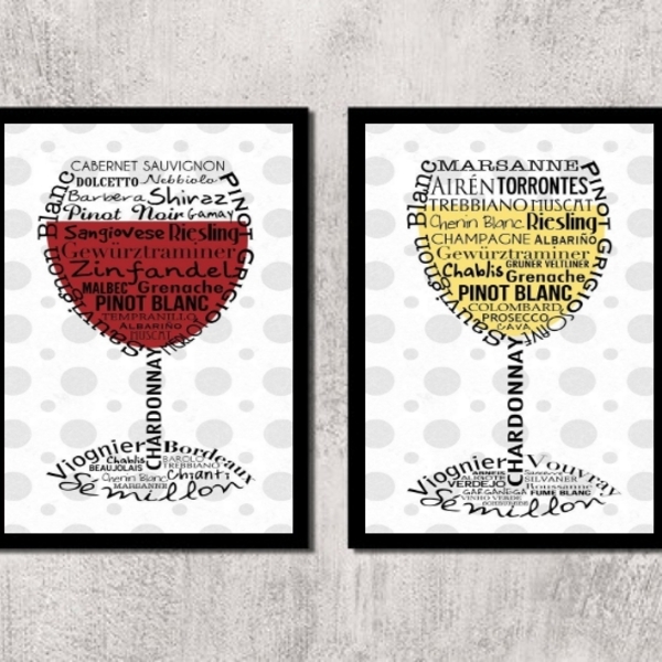 Kit 2 Quadros Vinho Branco E Vinho Tinto 33x24cm - Com Vidro