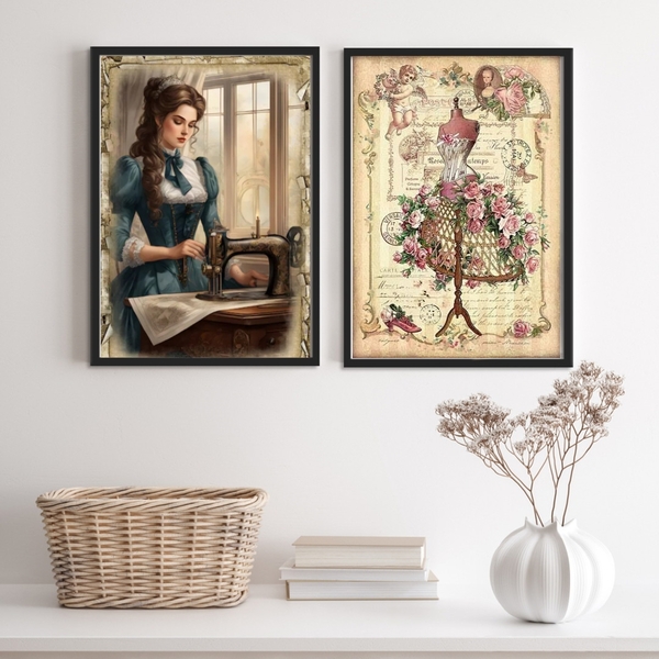 Kit 2 Quadros Vintage Atelier De Costura 24x18cm - Com Vidro