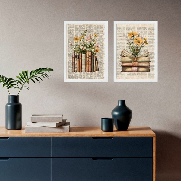 Kit 2 Quadros Vintage Livros Com Flores Do Campo 24x18cm Mold