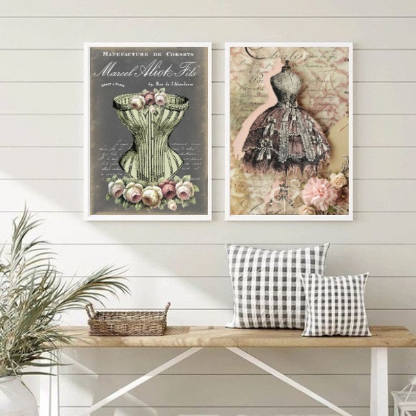Kit 2 Quadros Vintage Moda- Vestido E Espartilho 33x24cm - Co