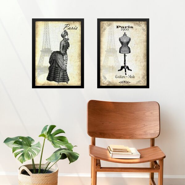 Kit 2 Quadros Vintage Moda Antiga - Paris 45x34cm Moldura Bra