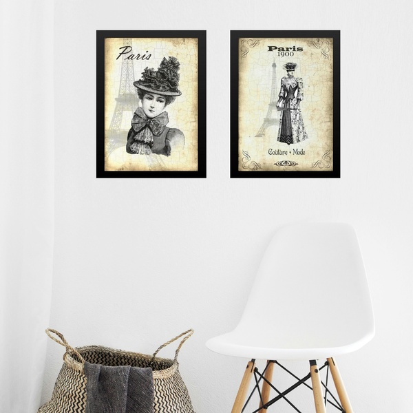 Kit 2 Quadros Vintage Moda - Dama Paris 45x34cm Moldura Preta