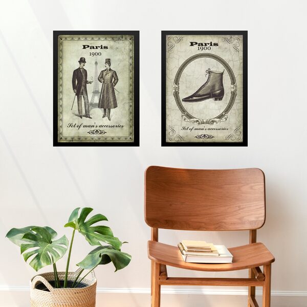 Kit 2 Quadros Vintage Moda Masculina 45x34cm Moldura Preta