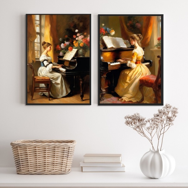 Kit 2 Quadros Vintage Mulher Tocando Piano 45x34cm - Com Vidr