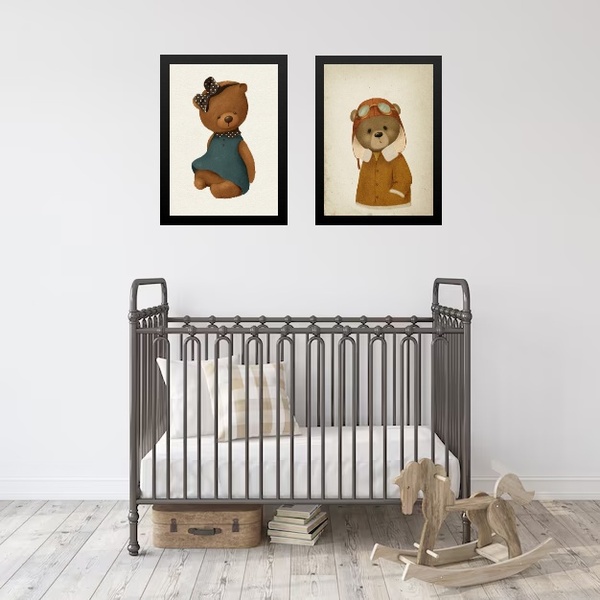 Kit 2 Quadros Vintage Para Quarto De Bebê Ursos 33x24cm - Com