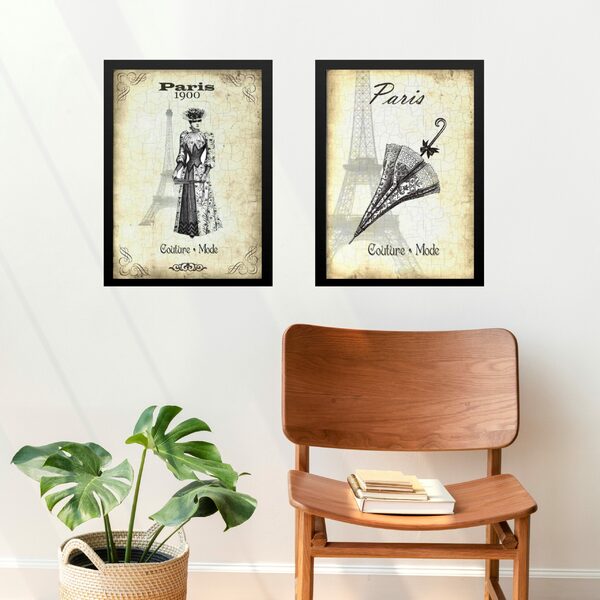 Kit 2 Quadros Vintage Paris - Moda Antiga 24x18cm - Com Vidro