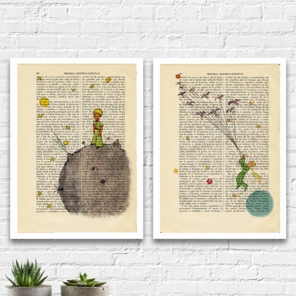 Kit 2 Quadros Vintage Pequeno Príncipe 33x24cm - Com Vidro Mo