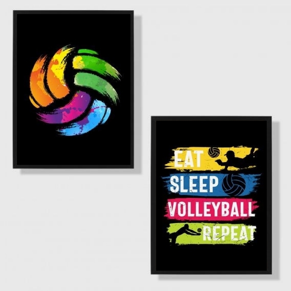 Kit 2 Quadros Volleyball Colorido 33x24cm - Com Vidro Moldura