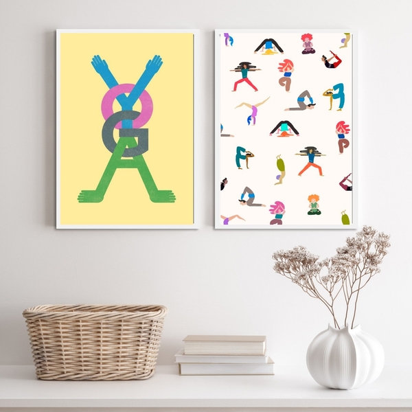 Kit 2 Quadros Yoga- Palavra E Posições 33x24cm - Com Vidro Mo