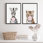 Kit 2 Quadros Zebra Tigre Bubble Gum 33x24cm - Com Vidro Mold