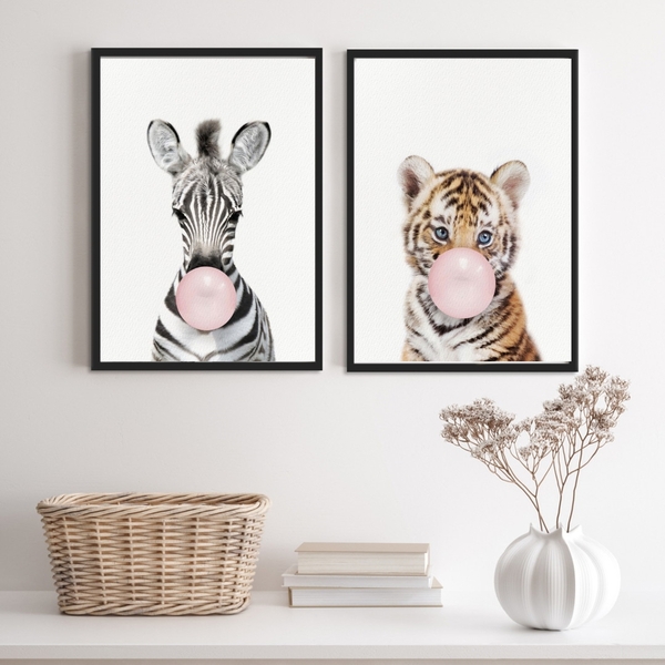 Kit 2 Quadros Zebra Tigre Bubble Gum 33x24cm Moldura:madeira